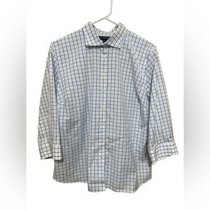 Lands' End Woman’s White & Blue Window Pane 3/4 Sleeve Shirt, Size 14.